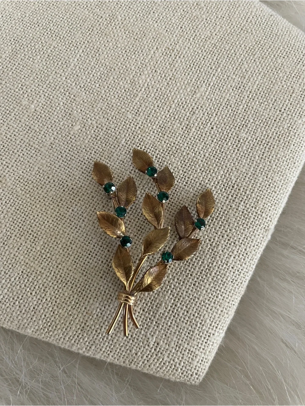 Vintage Gold Leaf floral Bouquet Brooch with Emerald Green Stones